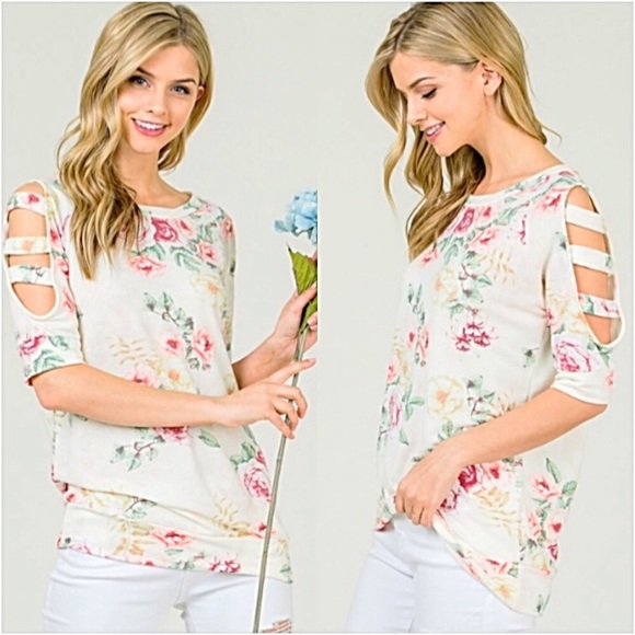 📍SALE Soft Stretchy Floral Ladder Sleeve Top S - Picture 7 of 7